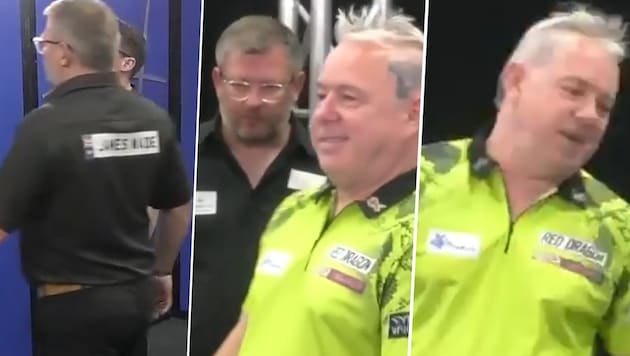 Darts-Star James Wade entkam ein Furz, sein Gegner Peter Wright musste darüber schmunzeln.
