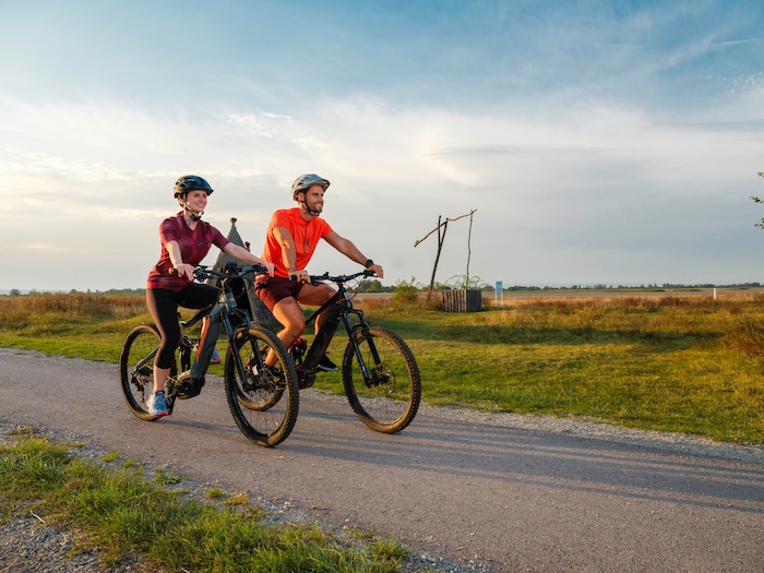 Die seichten salzhaltigen Gewässer findet man entlang des 52 Kilometer langen Lackenradweges.