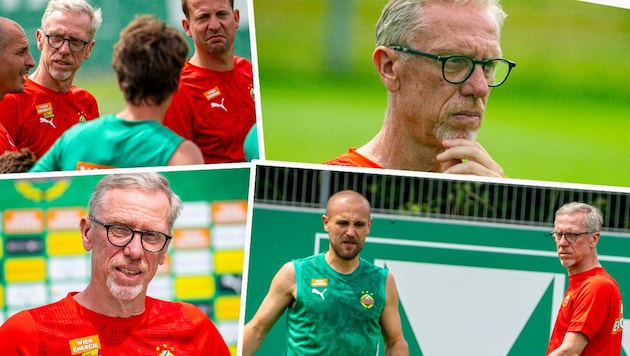 Peter Stöger hat am Montagvormittag sein erstes Training als neuer Rapid-Coach absolviert.