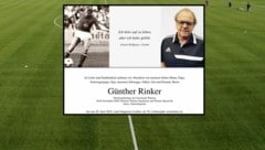 Auszug der Parte zum Ableben Günther Rinkers