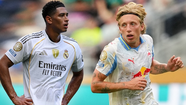 Kann Salzburg (mit Mads Bistrup re.) heute Real Madrid (mit Jude Bellingham li.) vor Probleme ...