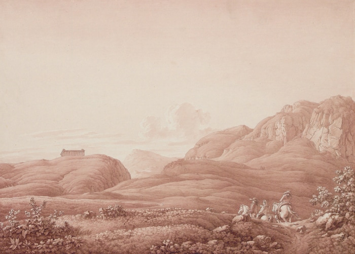 Christoph Heinrich Kniep: Landschaft bei Segesta mit Tempel und Reitergesellschaft, 1788