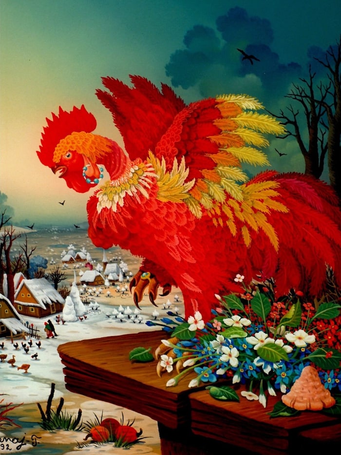 Auch Ivan Večenajs Bild „Der rote Hahn“ findet man in der Sammlung Infeld.
