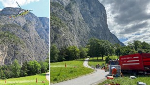 Zahlreiche Feuerwehrleute und auch Hubschrauber stehen im Einsatz.
