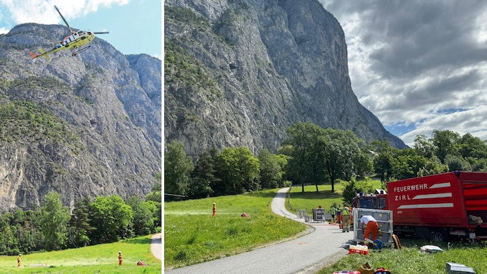 Zahlreiche Feuerwehrleute und auch Hubschrauber stehen im Einsatz.