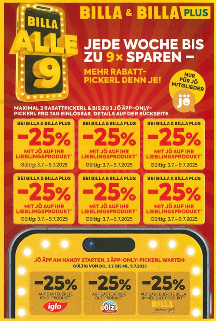 Ab 3. Juli sind bei Billa die 25%-Aufkleber in der Jö-App.