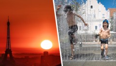 Links: Die Sonne geht am Eiffelturm in Paris auf, während in der Stadt wegen der  extrem hohen ...