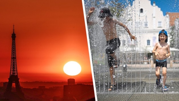 Links: Die Sonne geht am Eiffelturm in Paris auf, während in der Stadt wegen der  extrem hohen ...