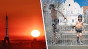 Links: Die Sonne geht am Eiffelturm in Paris auf, während in der Stadt wegen der  extrem hohen ...