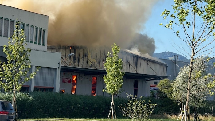 Dichte Rauchsäule über dem Brandort in Hallein