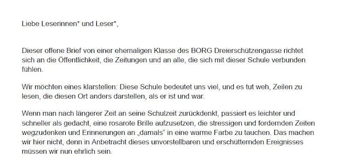 Der Beginn des offenen Briefs der früheren Schüler.