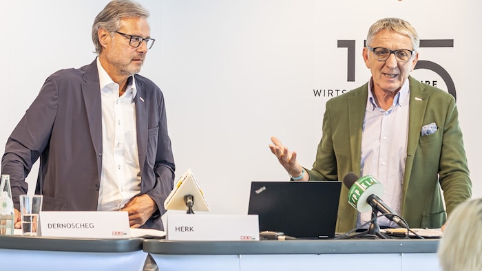 Das steirische WKO-Führungsduo Herk (re.) und Dernoscheg bei der Präsentation des ...