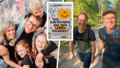 Thomas Fleischanderl mit seiner Familie (li.) und bei seinen „Erlebnis-Geh-Sprächen“ (re.). ...