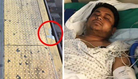 Maruf Hossain stolperte, weil aus dem Bahnsteig Material gebrochen ist.
