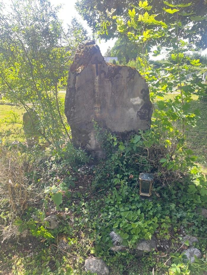 Der Grabstein war stark verwachsen.