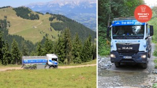 Langsam fährt der Lkw den engen, unebenen Schotterweg hinauf. 