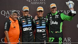 Das Podium in Silverstone: Lando Norris siegte (3. von li.), vor Teamkollege Oscar Piastri (2. ...