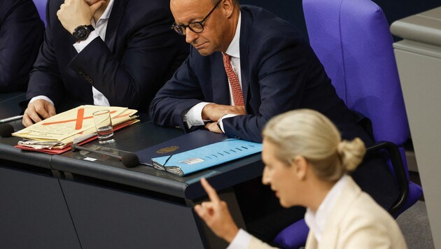 Merz verzieht bei Weidels Rede die Miene.