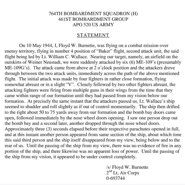 Dieses Statement gab Floyd Burnette ab, der hinter dem abgeschossenen Bomber in der Formation ...
