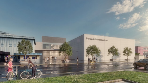 So sollen 2026 die zweite Eishalle und der neue Haupteingang aussehen.
