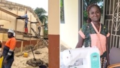 Mit Nähmaschinen können Frauen in Ntronang etwas Geld verdienen (re.). Die Schulrenovierungen ...