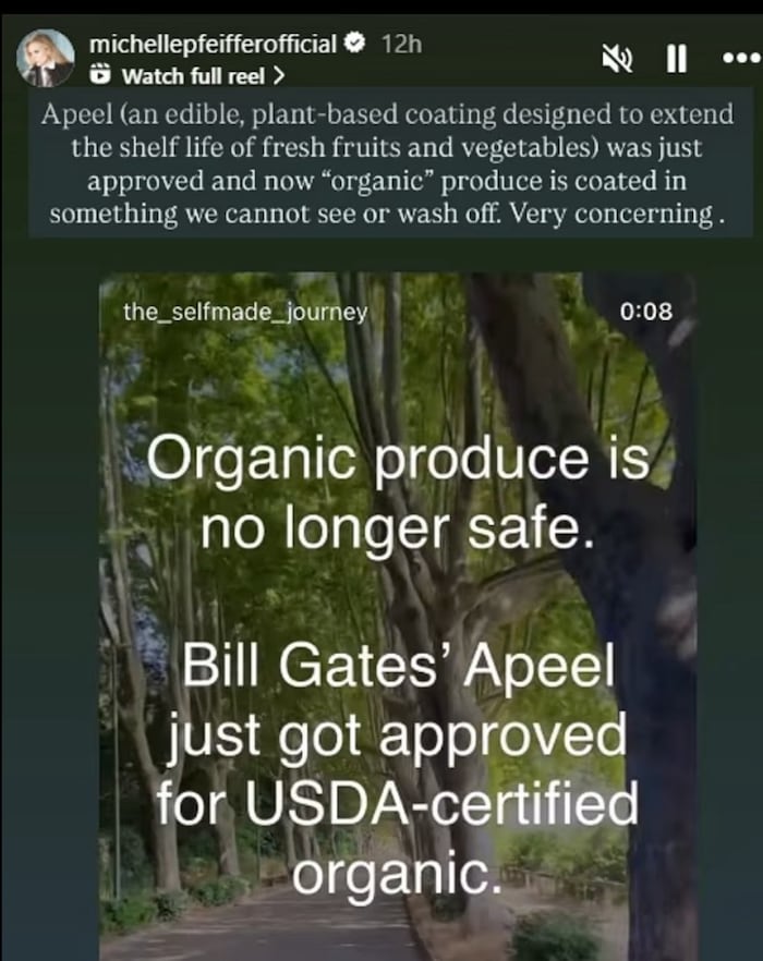 In einem von Pfeiffer geteilten Video mit der Botschaft „Bio-Nahrungsmittel sind nicht mehr ...