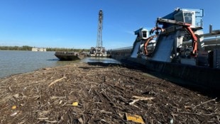Mit diesem Schiffskran wird beim Kraftwerk Altenwörth die Donau von Unrat befreit.
