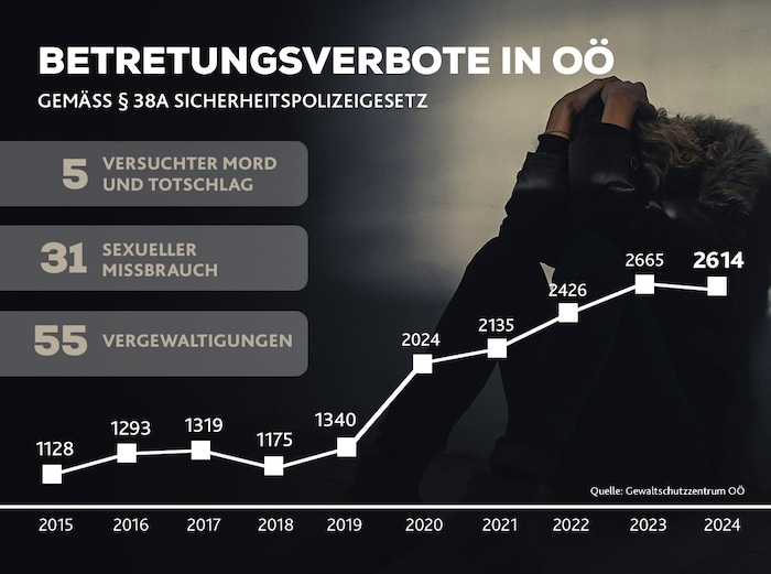 Die Grafik zeigt die Anzahl der Betretungsverbote, der Anzeigen wegen Vergewaltigung, des ...