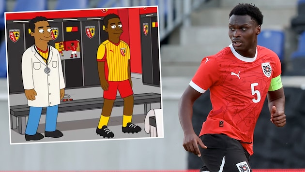 Kreative Spielervorstellung von RC Lens: Samson Baidoo als Simpson-Charakter.