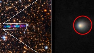 Das Foto des Kometen (rot markiert) zeigt die Koma, eine Gas- und Staubwolke, die den eisigen ...