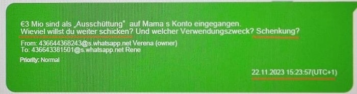 Whatsapp-Nachricht von Benkos Schwester: „Wie viel willst du weiterschicken?“