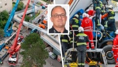 Firmenchef Rudolf Schmidhofer dankt den Einsatzkräften für die professionelle Arbeit und steht ...