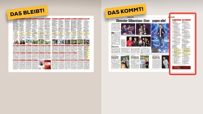Das Programm links bleibt erhalten, ORF 1 und ORF 2 findet man künftig im Blattinneren (r.).