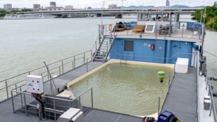 Das LIFE-Boat4Sturgeon am Donauufer, unweit der Reichsbrücke. Hier ist das Mutterfischbecken zu ...