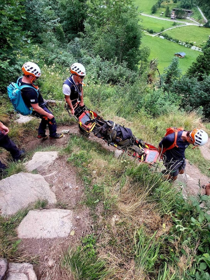 Die Bergretter brachten den Vierbeiner auf einer Trage ins Tal.