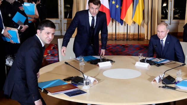 Selenskyj und Putin trafen sich bisher einmal: beim Normandie-Format 2019 in Paris mit Macron ...