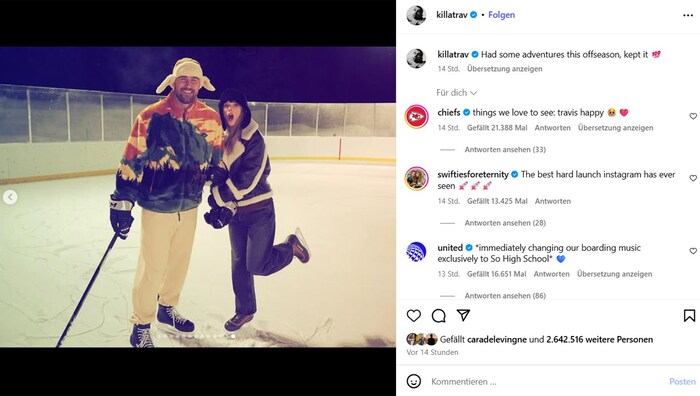 In der Bildergalerie von Travis Kelce sind viele private Fotos mit Freundin Taylor Swift zu ...