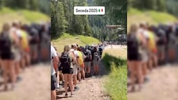 Warten statt Wandern: Die Bilder von Hunderten Bergtouristen in den Dolomiten, die für einen ...