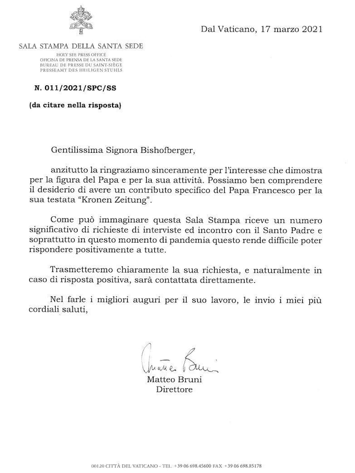 Von Matteo Bruni an „Signora Bishofberger“