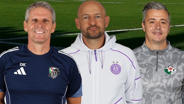 Didi Kühbauer, Stephan Helm und Philipp Semlic (von links) sind jeweils seit einer Saison in Amt ...