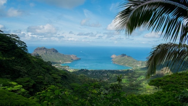 Das Kind spielte auf einem Strand der Insel Nuku Hiva mit anderen Kindern im Meer, als es zum ...