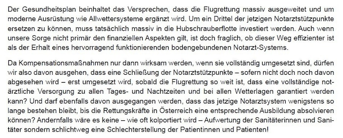 Die ausgeweitete Flugrettung geht laut dem Schreiben noch viel zu kurz und ist viel zu teuer.