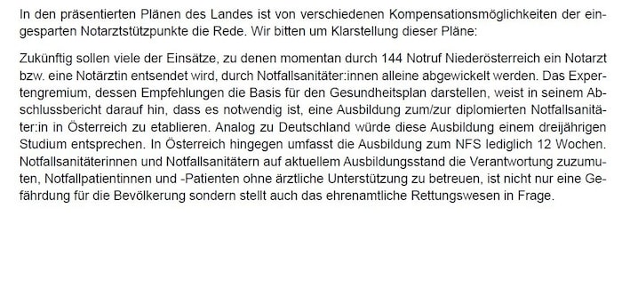 Auszüge aus dem offenen Brief behandeln die Ausbildung von Notfallsanitätern.