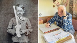 Ludwig Rendl bei der Erstkommunion und heute am  Küchentisch, wo er gerne schreibt. Der Tiroler ...