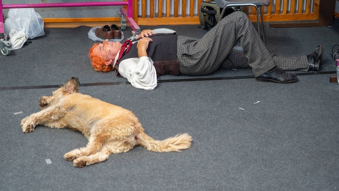 Gemeinsame Vorbereitung hinter der Bühne: Christoph Fälbl mit Hündin Goldie.