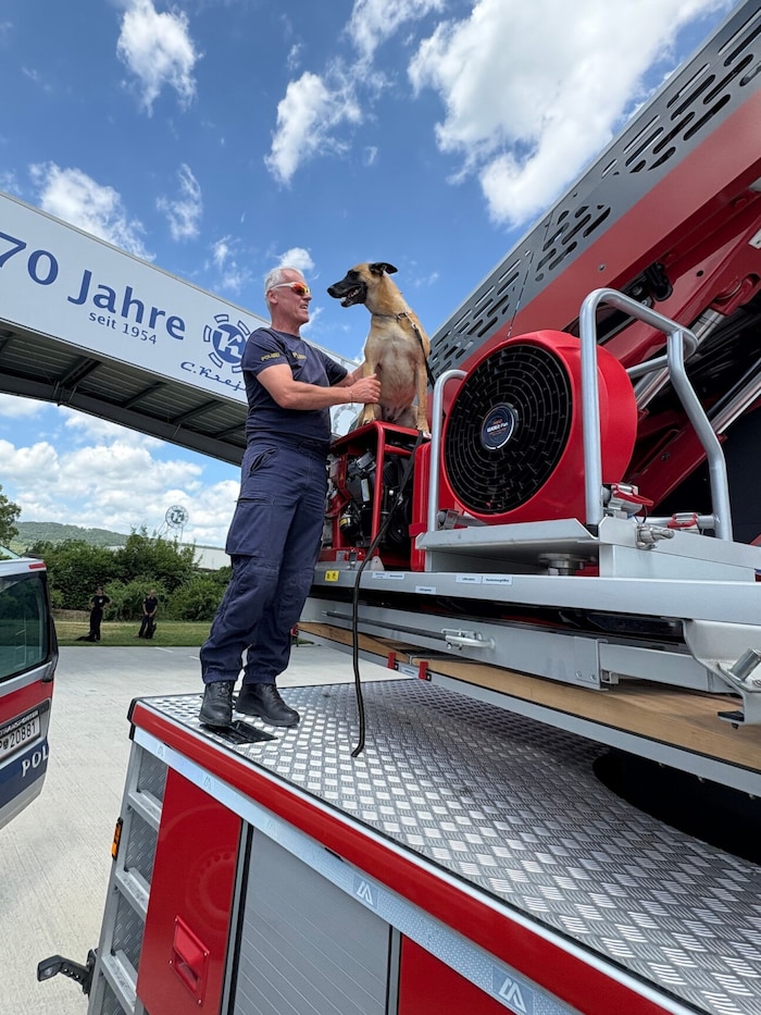 Die große Drehleiter der Feuerwehr mussten die Ermittler mit ihren Brandmittelspürhunden ...