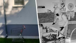 Wagerl als Einstiegshilfe, Fußabdrücke an der Wand, der Einbrecher am Werk (re.).