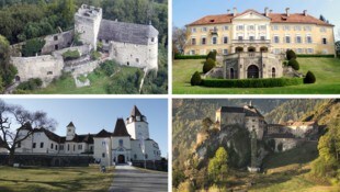 Burgruine Gösting (links oben), Schloss Halbenrain (rechts oben) und Burg Rabenstein (rechts ...