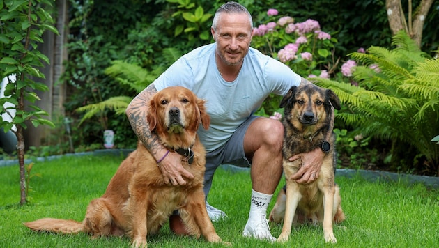 Austria Salzburgs Trainer Christian Schaider mit seinen Hunden Marley (links) und Seppi.