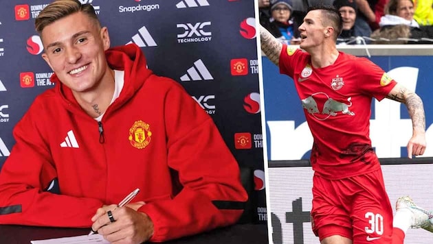 Benjamin Sesko, 2023 noch im Salzburg-Trikot auf Torejagd (re.), will ab sofort für Manchester ...